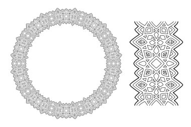 Yetişkin boyama kitabı sayfası için soyut çember deseni ve beyaz arkaplanda izole kristaller bulunan boya fırçası için güzel monokrom doğrusal illüstrasyon