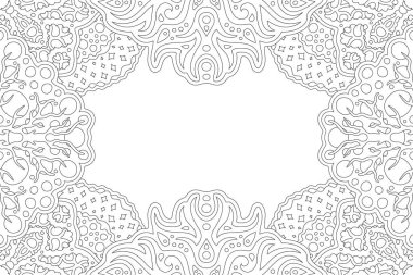 Soyut dikdörtgen kabile sınırı ve beyaz kopya alanı ile renklendirme kitabı sayfası için güzel monokrom doğrusal illüstrasyon