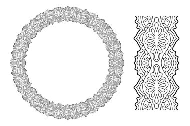 Yetişkin boyama kitabı sayfası için güzel monokrom doğrusal illüstrasyon soyut doğu dairesi deseni ve beyaz arkaplanda izole edilmiş boya fırçası