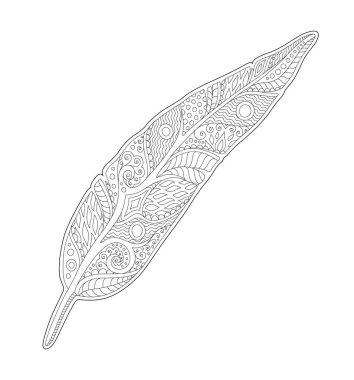 Dekoratif tüyü beyaz arkaplanda izole edilmiş renklendirme kitabı sayfası için güzel monokrom doğrusal illüstrasyonuName