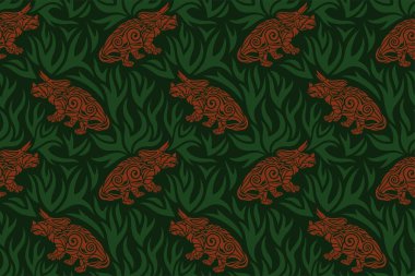 Yeşil arka planda kahverengi triceratops siluetleri olan güzel, pürüzsüz desen.