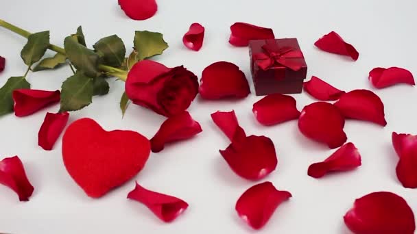 Rote Rosen Und Rosenblätter Auf Hellem Hintergrund Valentinstag Liebeskonzept Rotes — Stockvideo