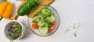 Bitkilerin tohumlarından filizlenen sebze filizleri. Beyaz arka planda mikroyeşil salata pişirme konsepti. Pankart. kopyalama alanı