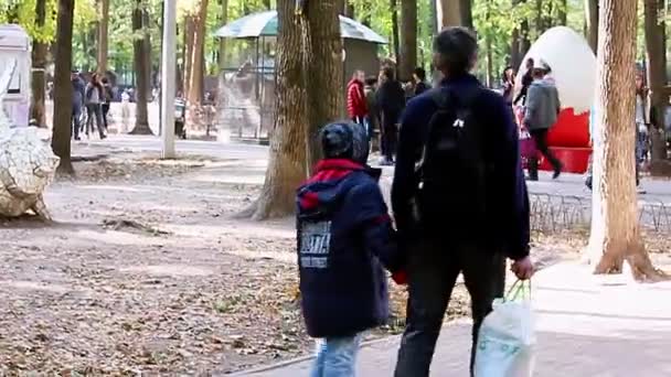 Άνθρωποι Του Πάρκου Περπατούν Στο Πάρκο Γονείς Και Παιδιά — Αρχείο Βίντεο