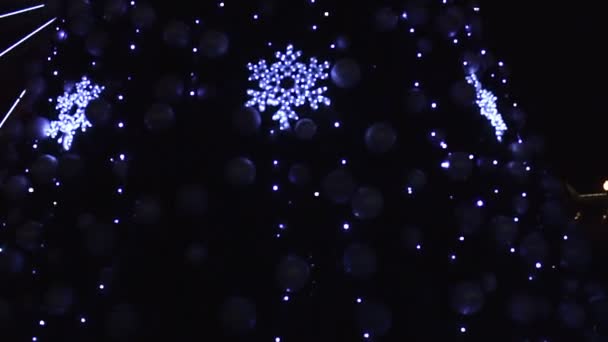 高基公园 灯光照射下的照明圣诞树 雪花和球 — 图库视频影像