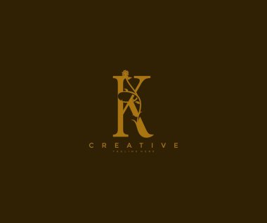 K Harfi Çiçek Monogramı Zarif Logotype İllüstrasyonu