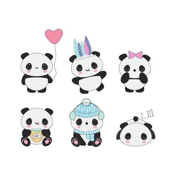 Set Kawaii Crazy Small Panda Vector Illustration Stock Illustration -  Download Image Now - Kawaii, Panda - Animal, Animal - iStock