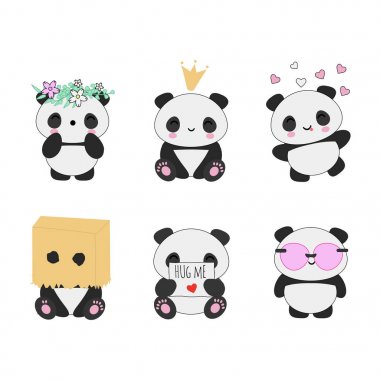 Kawaii panda ayıları Asya hayvan vektör set