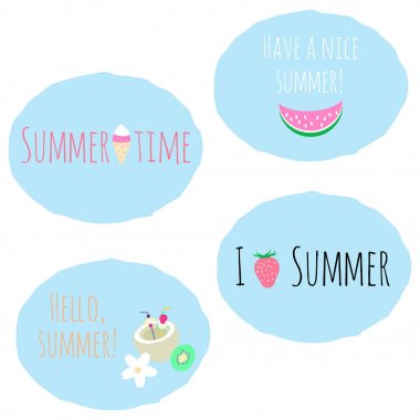Set of 4 vector summer stickers with ice cream, watermelon, stra clipart