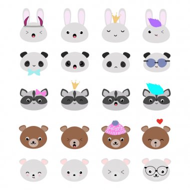 Komik kawaii yüzleri, mükemmel f ile 20 vektör hayvan başları kümesi