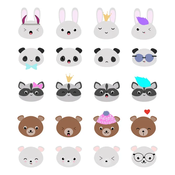 Conjunto de 20 cabezas de animales vectoriales con caras kawaii divertidas, f perfecta — Archivo Imágenes Vectoriales