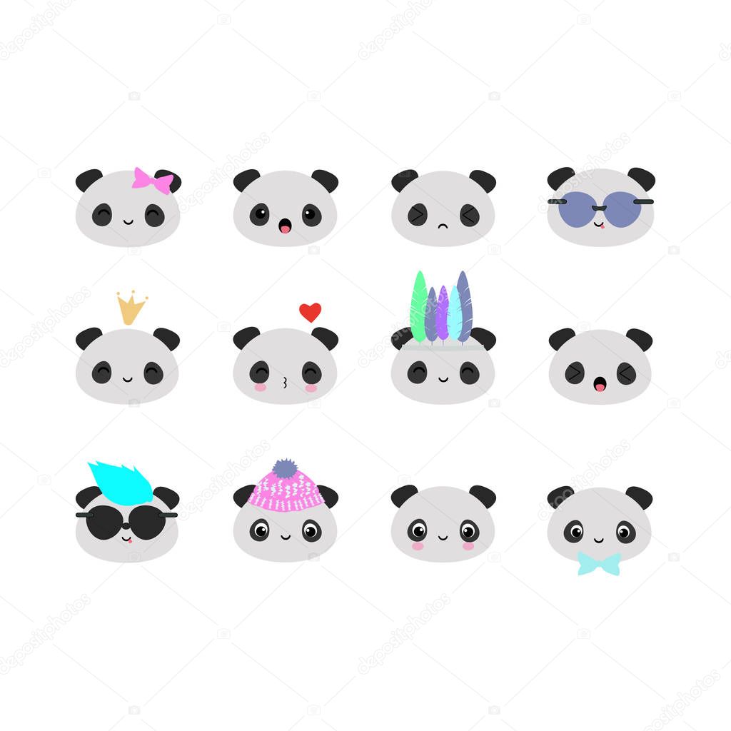 Set of 12 vector panda bears heads with funny kawaii faces, perf