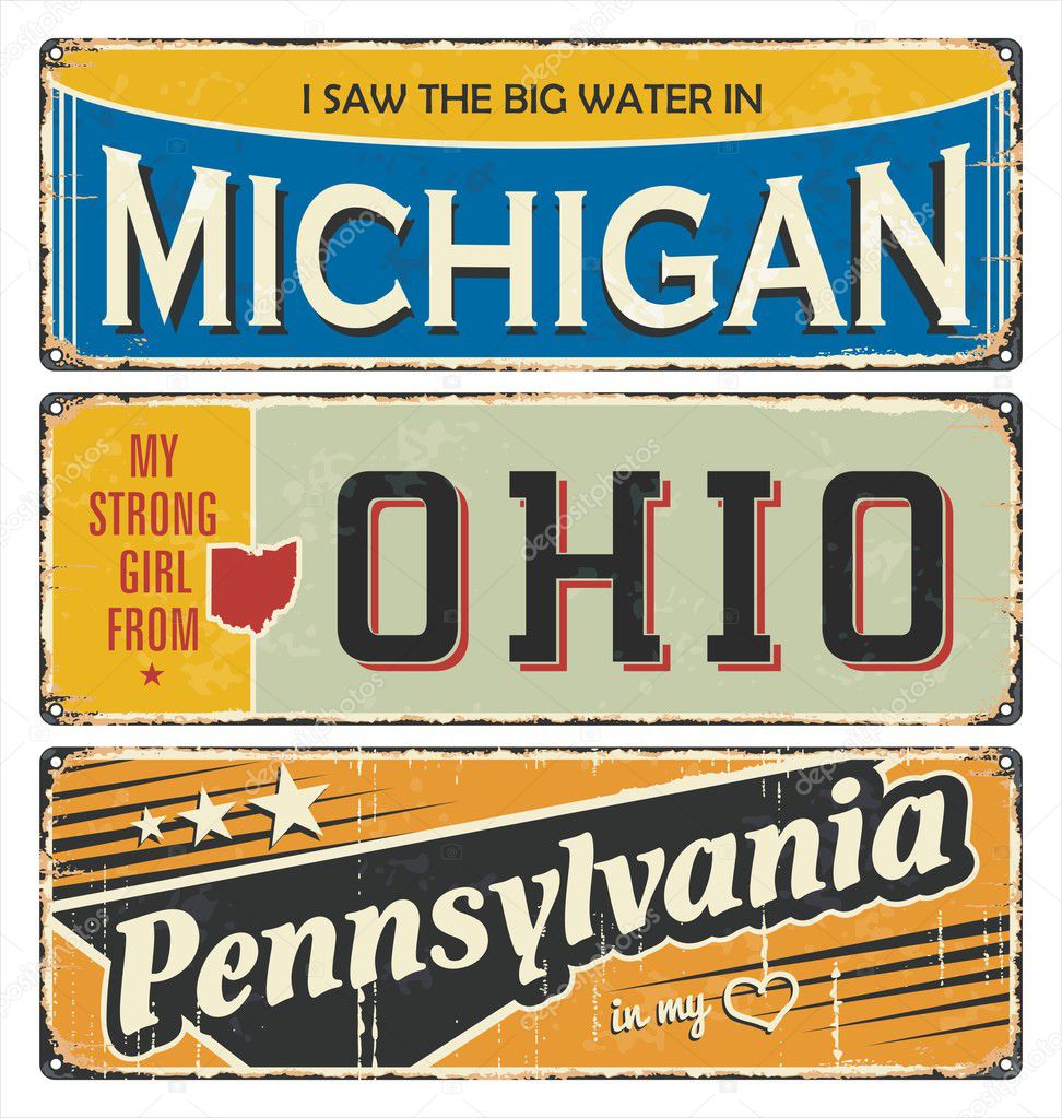 Vintage tin sign collection with America state. Michigan. Ohio. Pennsylvania. Retro souvenirs or postcard templates on rust background.