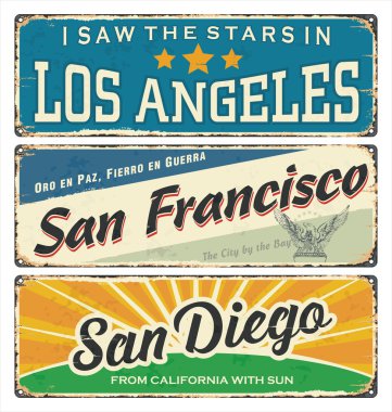 Vintage teneke işareti koleksiyonu ile ABD şehirler. Los Angeles. San Francisco. San Diego. Retro Hatıra Eşyası veya kartpostal şablonları antika arka plan üzerinde. Vintage. Teneke. Pas. Amerika.