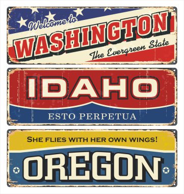 Vintage teneke işareti koleksiyonu ile Amerika devlet. Washington. Idaho. Oregon. Güney. Kuzey. Retro Hatıra Eşyası veya pas arka plan üzerinde kartpostal şablonları.