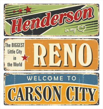 Vintage teneke işareti koleksiyonu ile ABD şehirler. Henderson. Reno. Carson City. Retro Hatıra Eşyası veya pas arka plan üzerinde kartpostal şablonları.