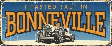 Vintage tin sign collection with USA cities. Bonneville. Utah. Retro souvenirs or postcard templates on rust background. Race. clipart