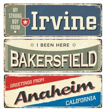 Vintage tin sign collection with USA cities. South. Irvine. Chicago. Retro souvenirs or postcard templates on rust background. Dixie. clipart