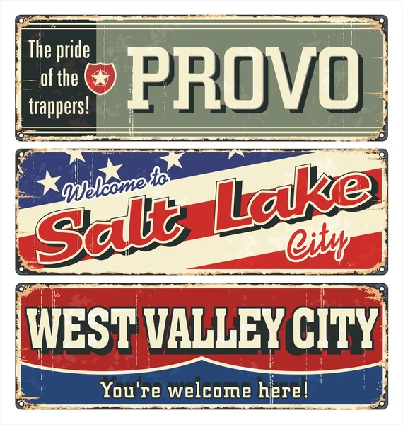 Vintage étain signe collection avec les villes des États-Unis. Salt Lake. Provo. West Valley City.Souvenirs rétro ou modèles de cartes postales sur fond rouille . — Image vectorielle