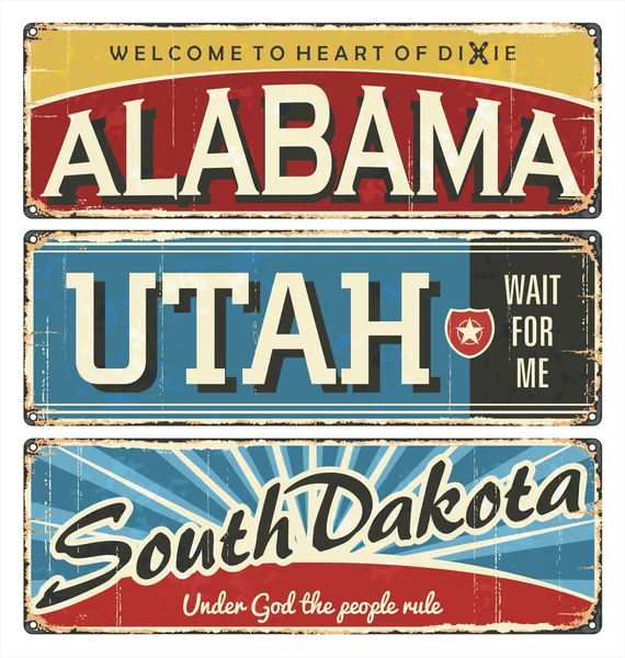 Vintage tin signe collection avec l'état de l'Amérique. En Alabama. Dans l'Utah. Dakota. Au sud. Au nord. Souvenirs rétro ou modèles de cartes postales sur fond rouille . — Image vectorielle