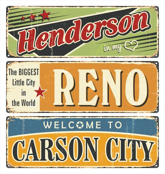 Vintage étain signe collection avec les villes des États-Unis. Henderson. Reno. Carson City. Souvenirs rétro ou modèles de cartes postales sur fond rouille . — Image vectorielle