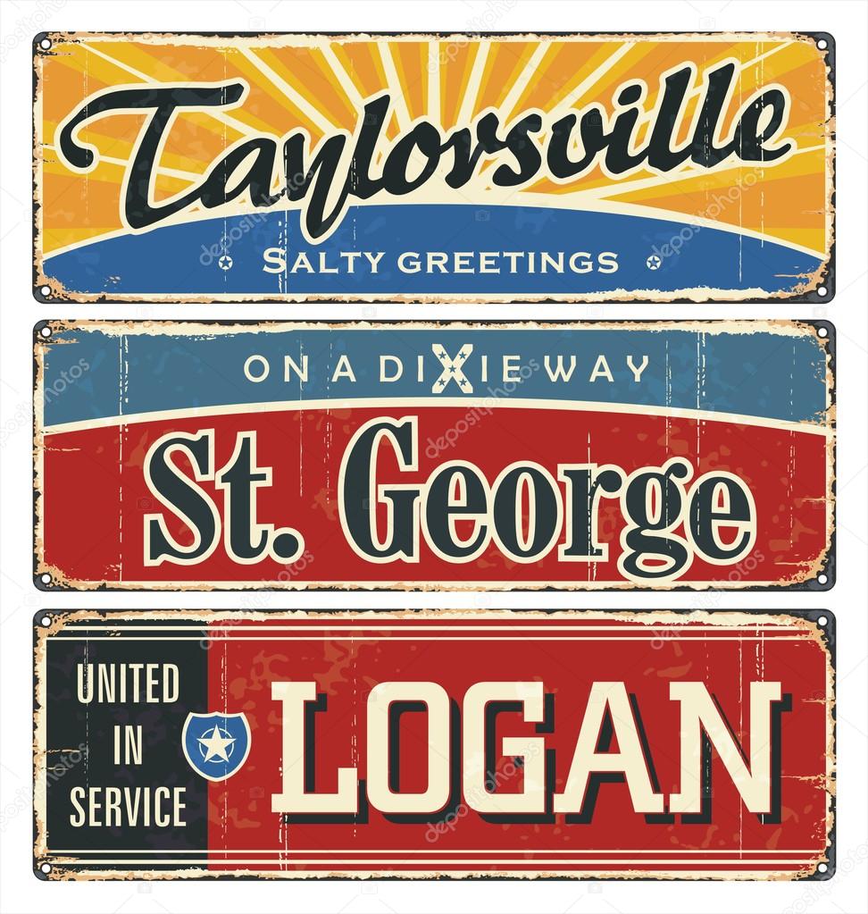 Vintage tin sign collection with USA cities. Taylor. St. George. Logan. Retro souvenirs or postcard templates on rust background.