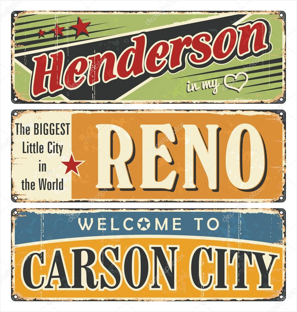 Vintage tin sign collection with USA cities. Henderson. Reno. Carson City. Retro souvenirs or postcard templates on rust background.