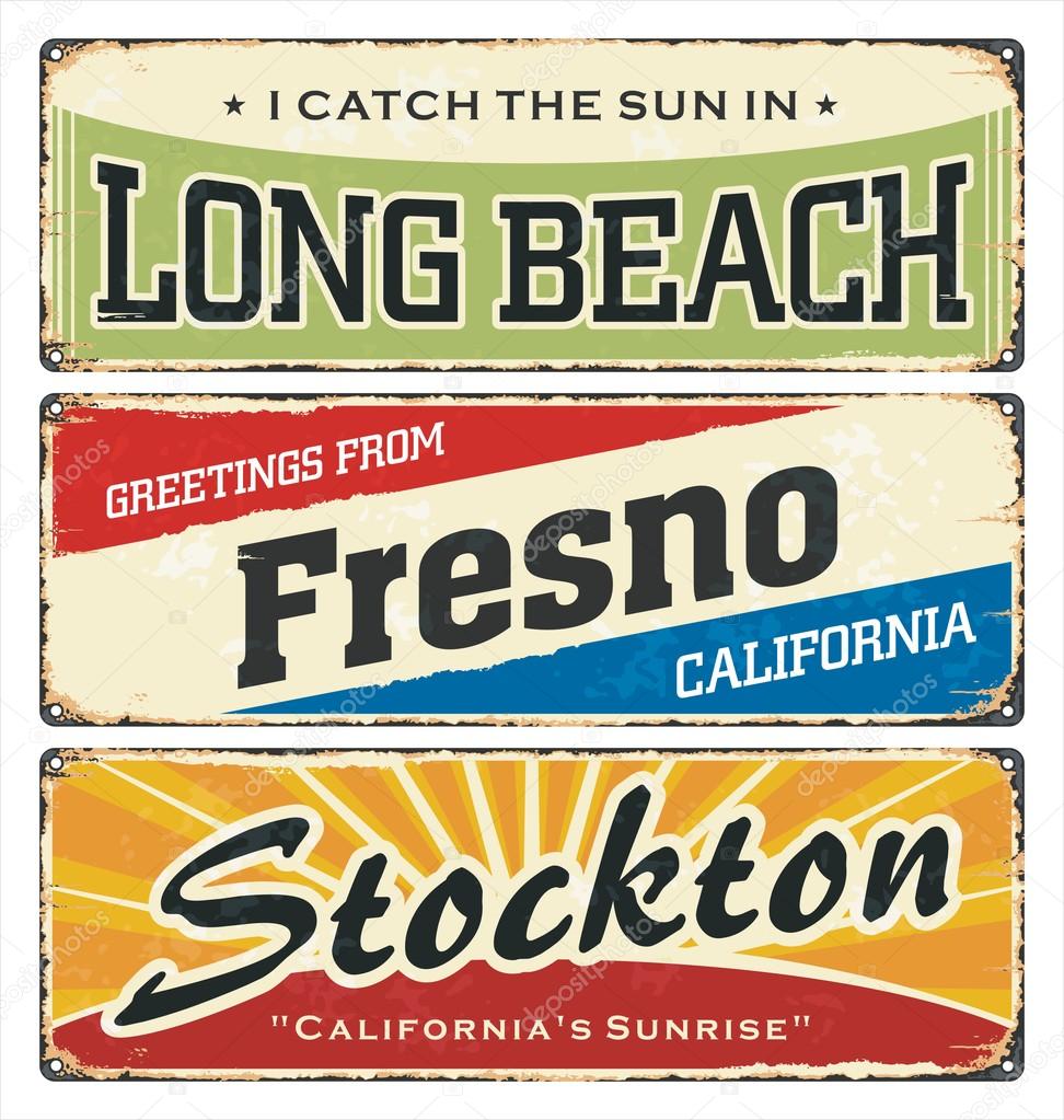 Vintage tin sign collection with USA cities. Retro souvenirs or postcard templates on rust background. Vintage. Rust. Fresno. Beach. America.
