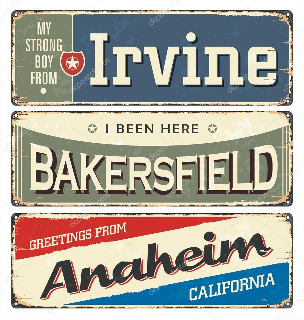 Vintage tin sign collection with USA cities. South. Irvine. Chicago. Retro souvenirs or postcard templates on rust background. Dixie.