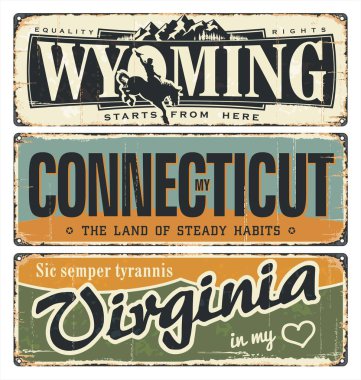 Vintage teneke işareti koleksiyonu ile Amerika devlet. Wyoming. Connecticut. Virginia. Retro Hatıra Eşyası pas arka plan üzerinde. Amerikan bayrağı. Vatansever. Rodeo. Bir gelenek. Grunge efektler kaldırılabilir. ABD devlet.