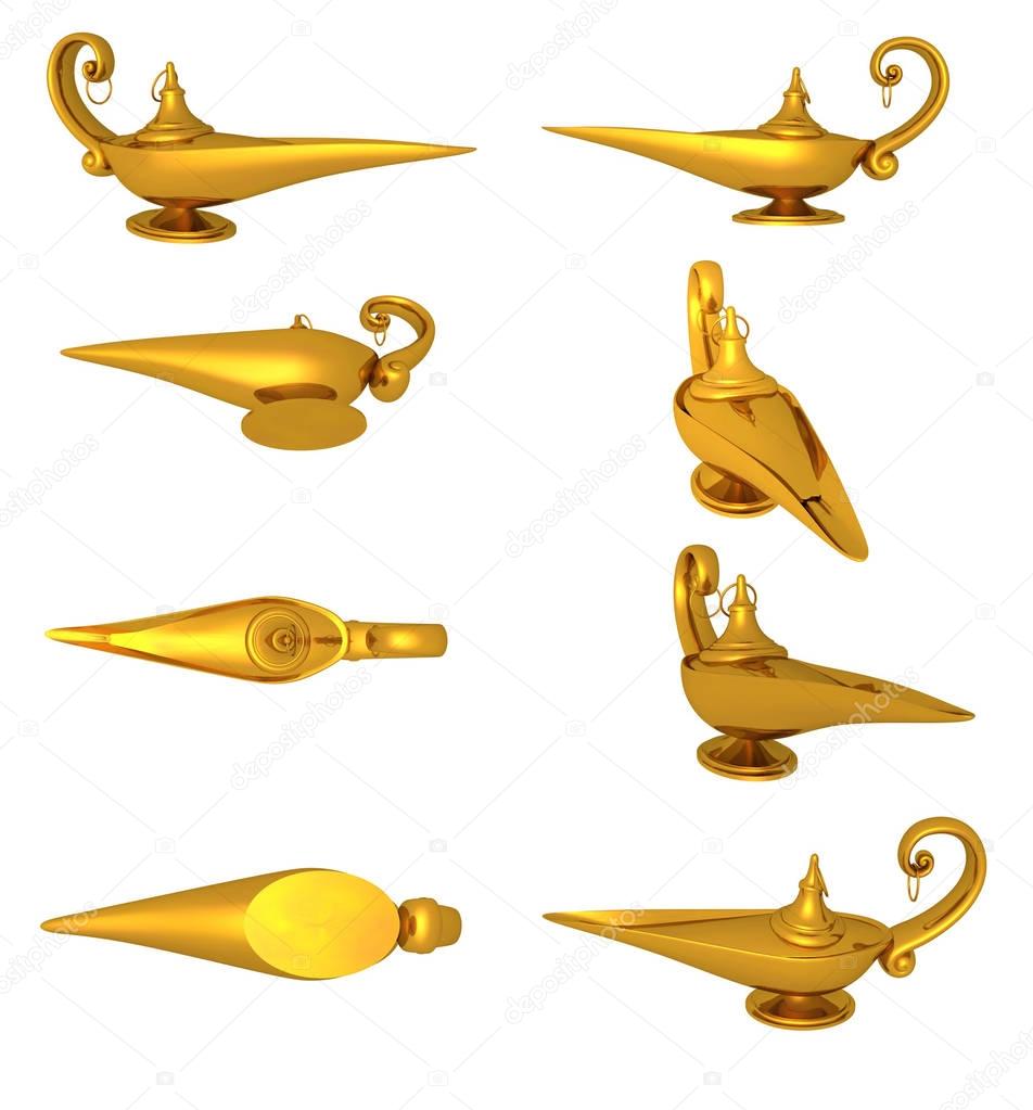 3D Illustration of golden genie lamps