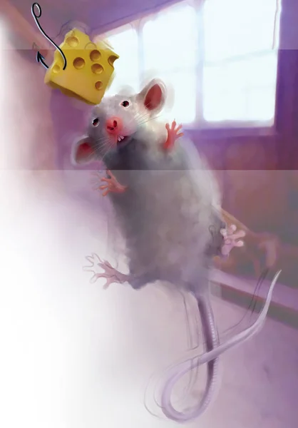 Digital illustration of mouse and cheese — Stock Photo, Image