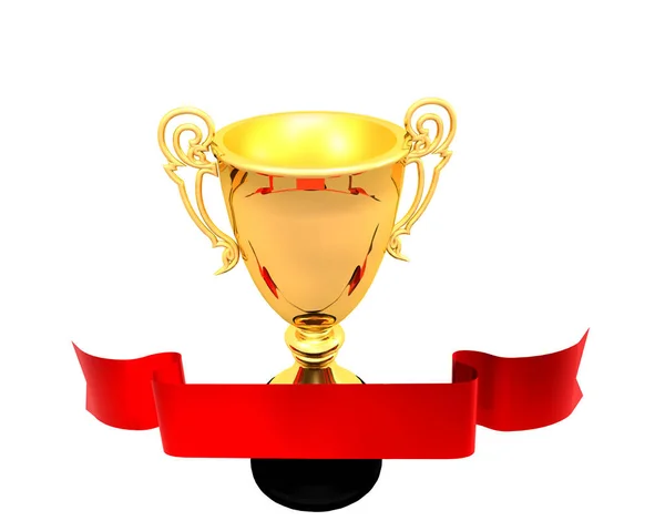 Ilustração 3d de uma fita vermelha que envolve uma taça de troféu — Fotografia de Stock