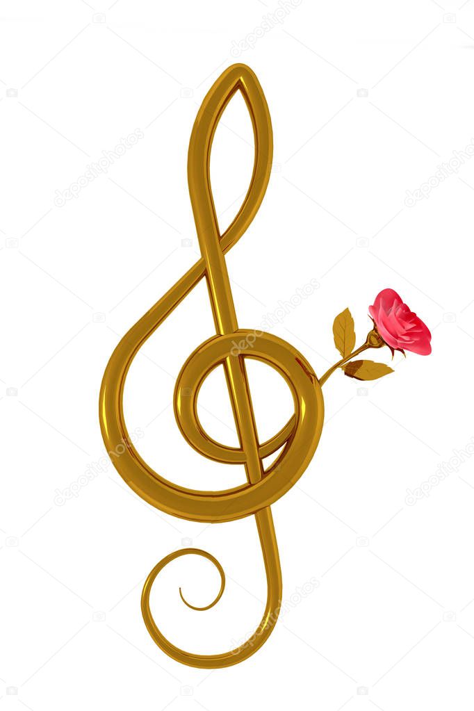 3d illustration of Treble clef and pink rose