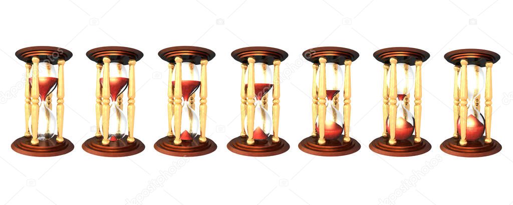 3d Illustration of hourglass series over white background. The red sand falling down, sign the time passing