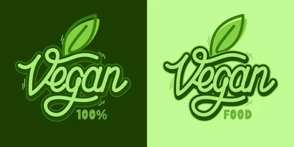 Word Vegan Text With Green Leaf Hand Written Vector Typography Illustration As Logotype, Badge and Icon, Postcard, Card, Invitation, Flyer, Banner Template — Stock Vector