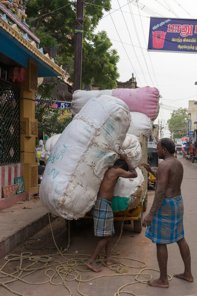 С огромным тюком хлопка.
.