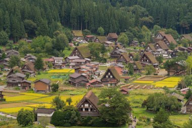 Bir bölümünde Shirakawago köyünün havadan görünümü.
