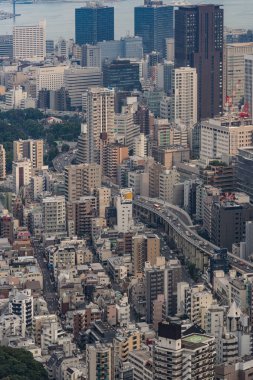 Tokyo highrise binalar arasında karayolu portresi kıvrımlı