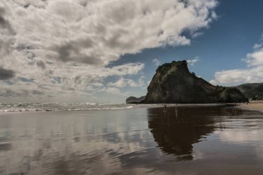 Aslan Rock Piha Beach ıslak Beach'te yansıyan.