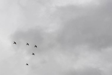 V-oluşumunda uçan beş Ww II uçaklar.