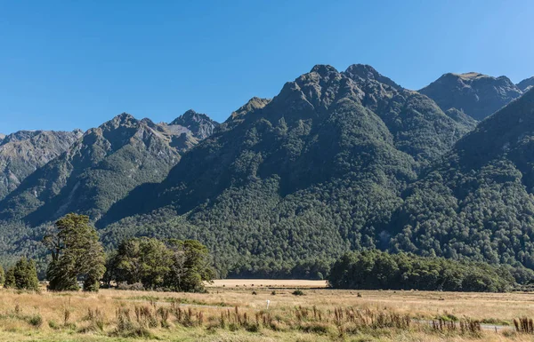 Pokrętła i gałki mieszkania krajobraz w Fiordland National Park, Nowa Zelandia. — Zdjęcie stockowe