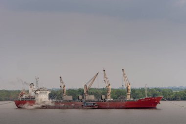 Long Tau Nehri üzerinde kendi vinçleri olan büyük kırmızı bir gemi, Ho Chi Minh Ci