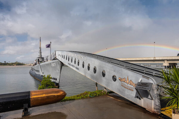 Gangway leads up to submarine USS Bowfin in Pearl Harbor, Oahu, 