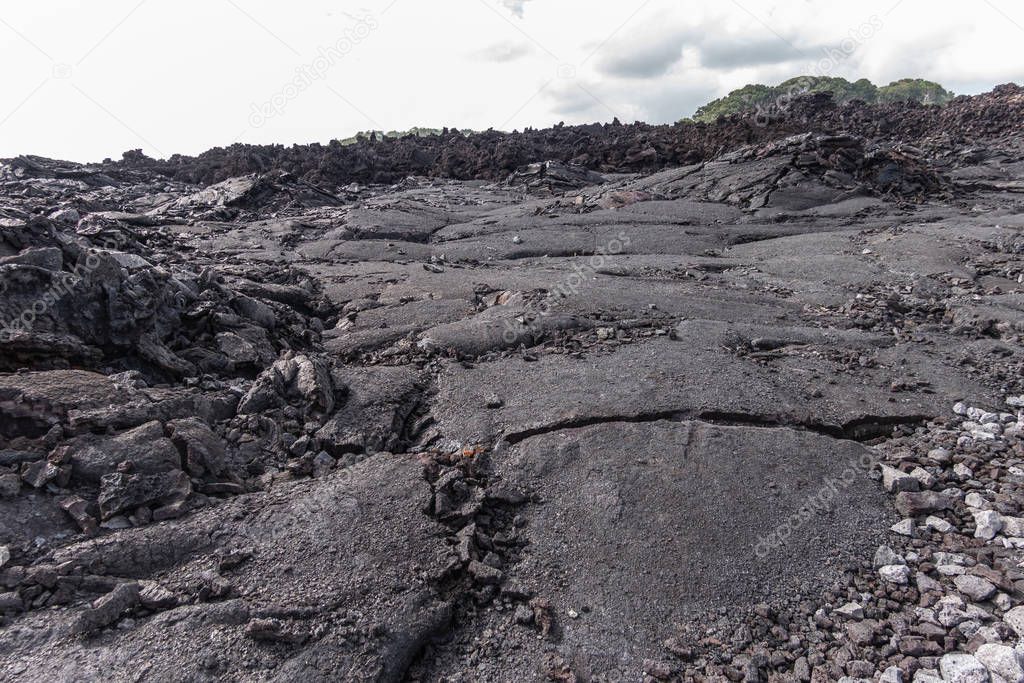 Wide field of 2018 Kilauea volcano lava, Leilani Estate, Hawaii,