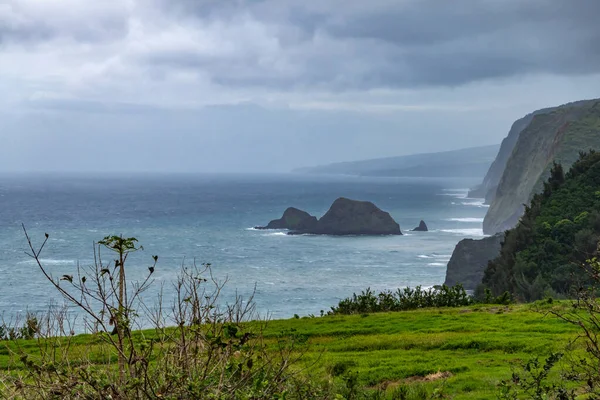 Island in ocean at end of Pololu valley, Kohala, Hawaii, USA. — Stockfoto