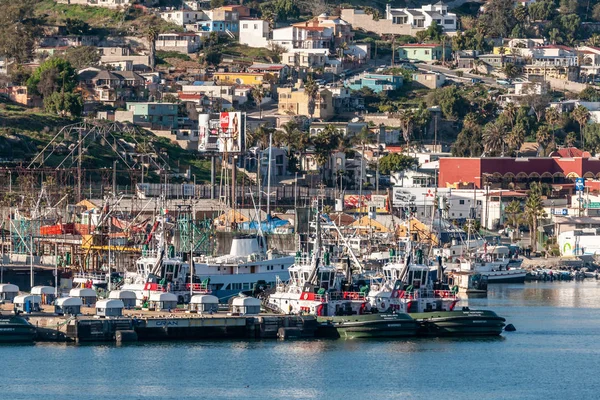 エンセナダの港にあるコカ・コーラの看板と漁船、私 — ストック写真