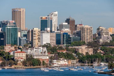 Sydney, Australia - December 11, 2009: North Sydney cityscape with office towers of businesses behind Neutral Harbour and its anchored white yachts. Lots of houses and green foliage.