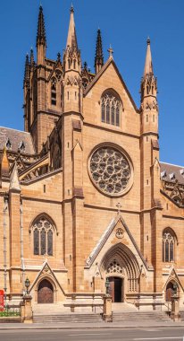 Sydney, Avustralya - 11 Aralık 2009: Saint Mary kahverengi taş katedrali mavi gökyüzüne karşı. Yan girişte merdivenler ve sokak var..