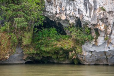 Guilin, China - May 10, 2010: Along Li River. Green foliage covers partly opening to cave in white-gray cliff just above greenish water.